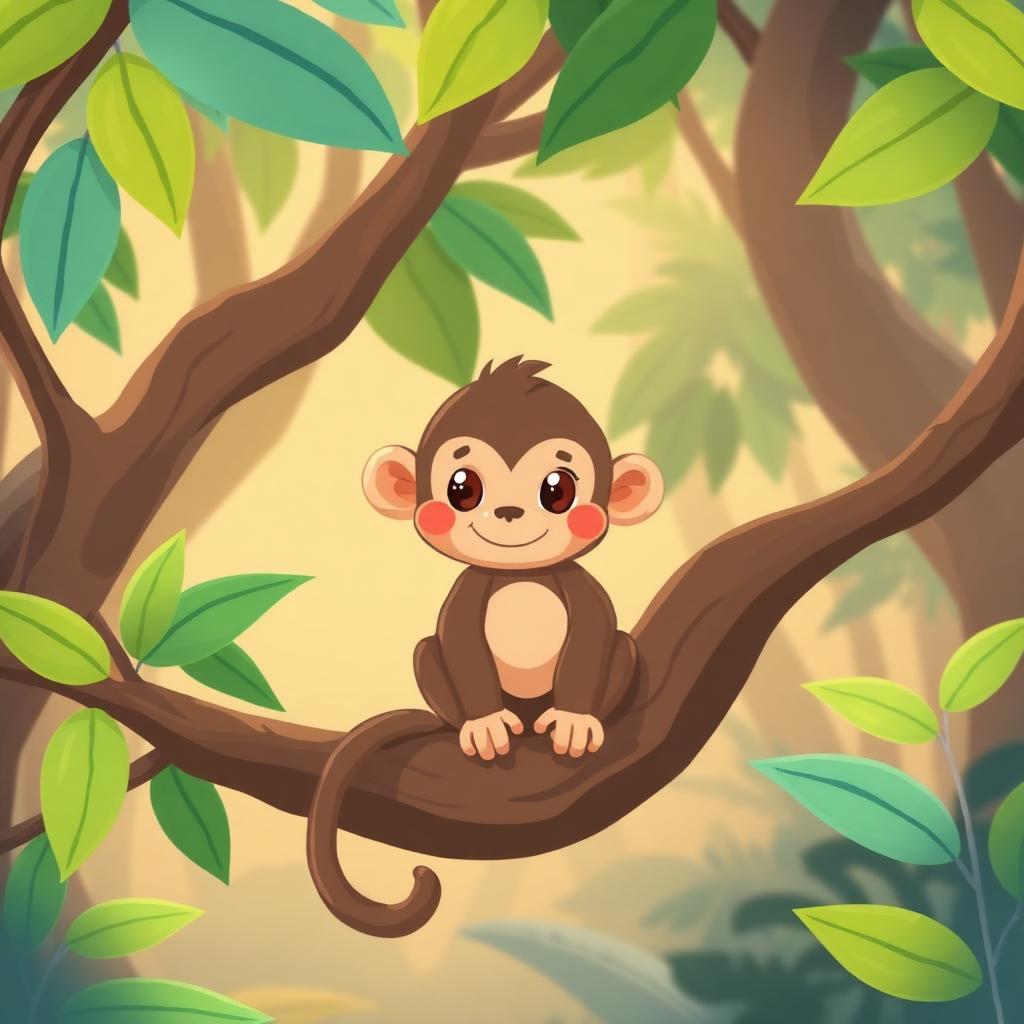 A cute cartoon monkey sitting on a jungle branch